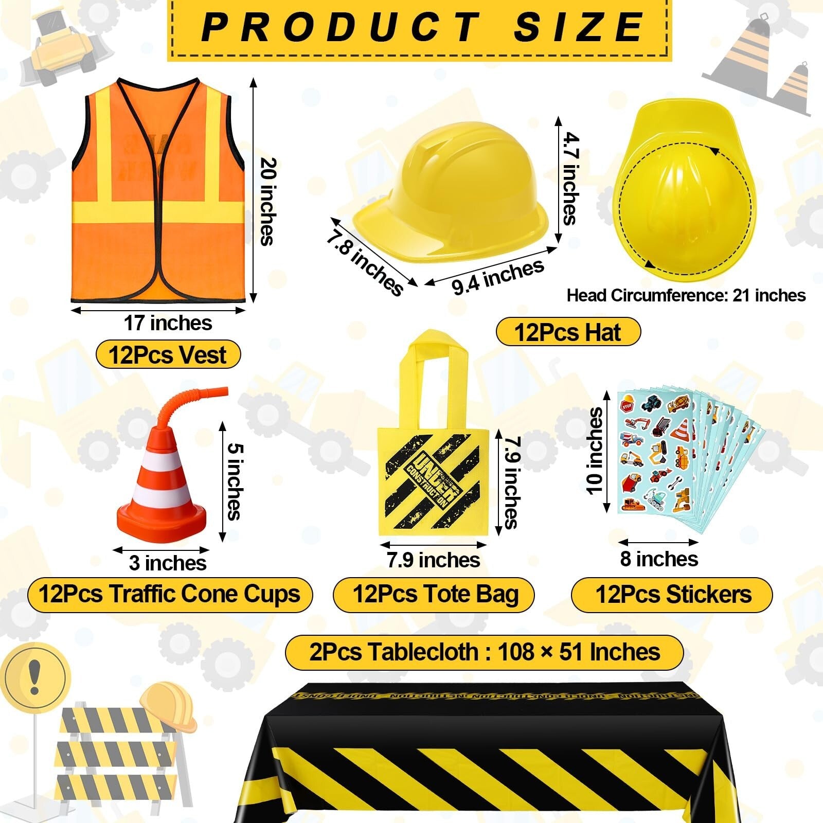 62 Pcs Construction Birthday Party Supplies Set Kids Construction Dress up Se...