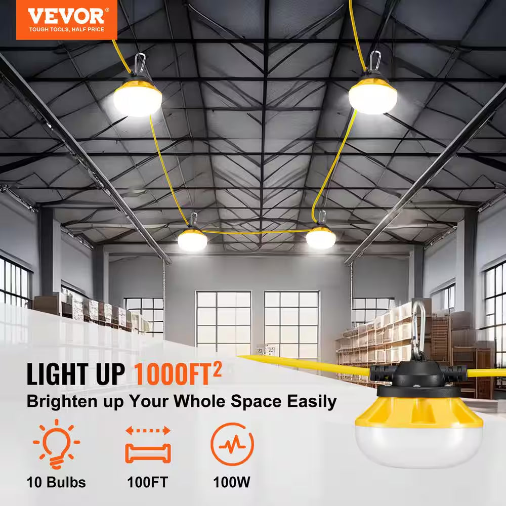 100 Ft. Construction String Lights 100W 10000LM 10Pcs String Work Light 5000K with Hanging Hooks for Construction Site