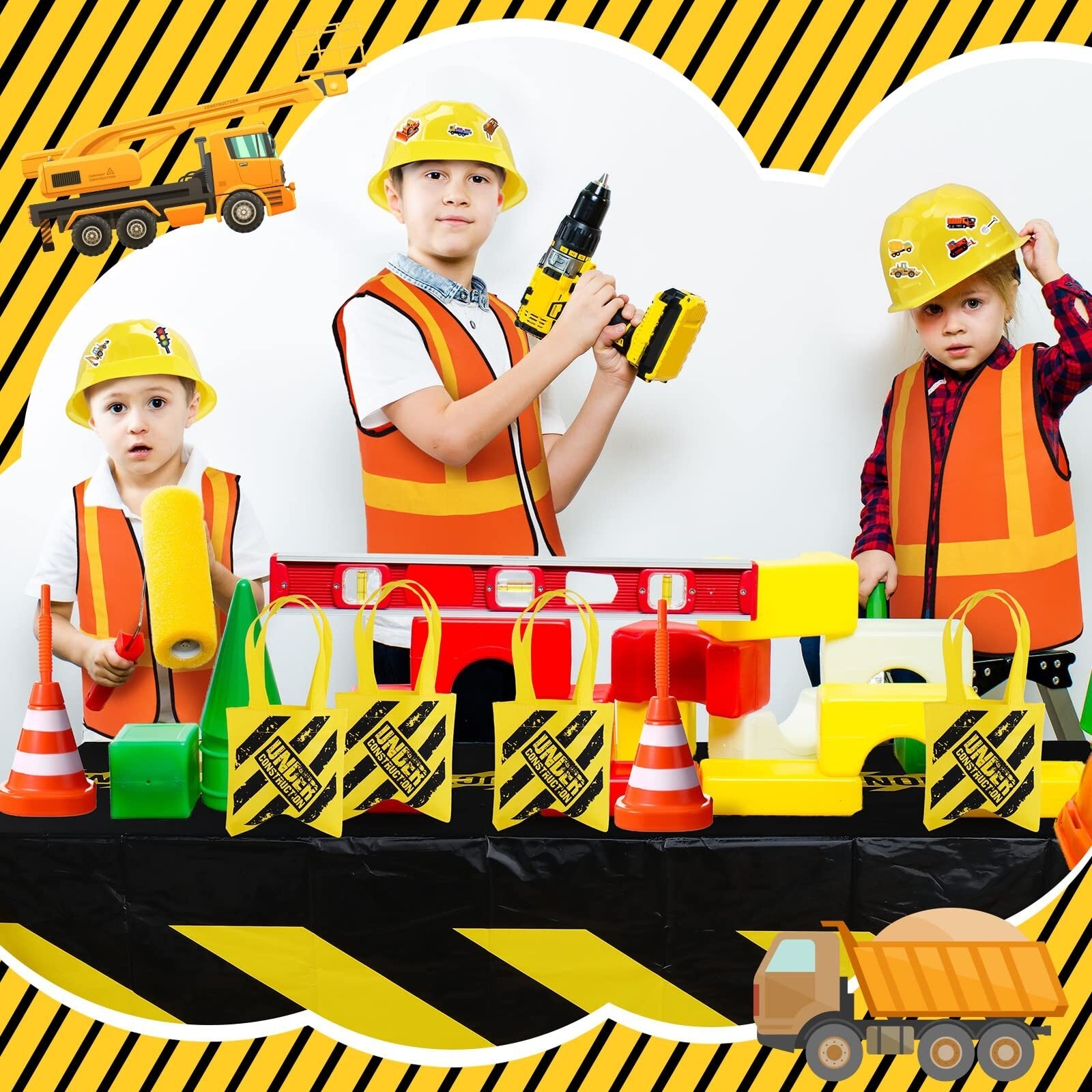 62 Pcs Construction Birthday Party Supplies Set Kids Construction Dress up Se...