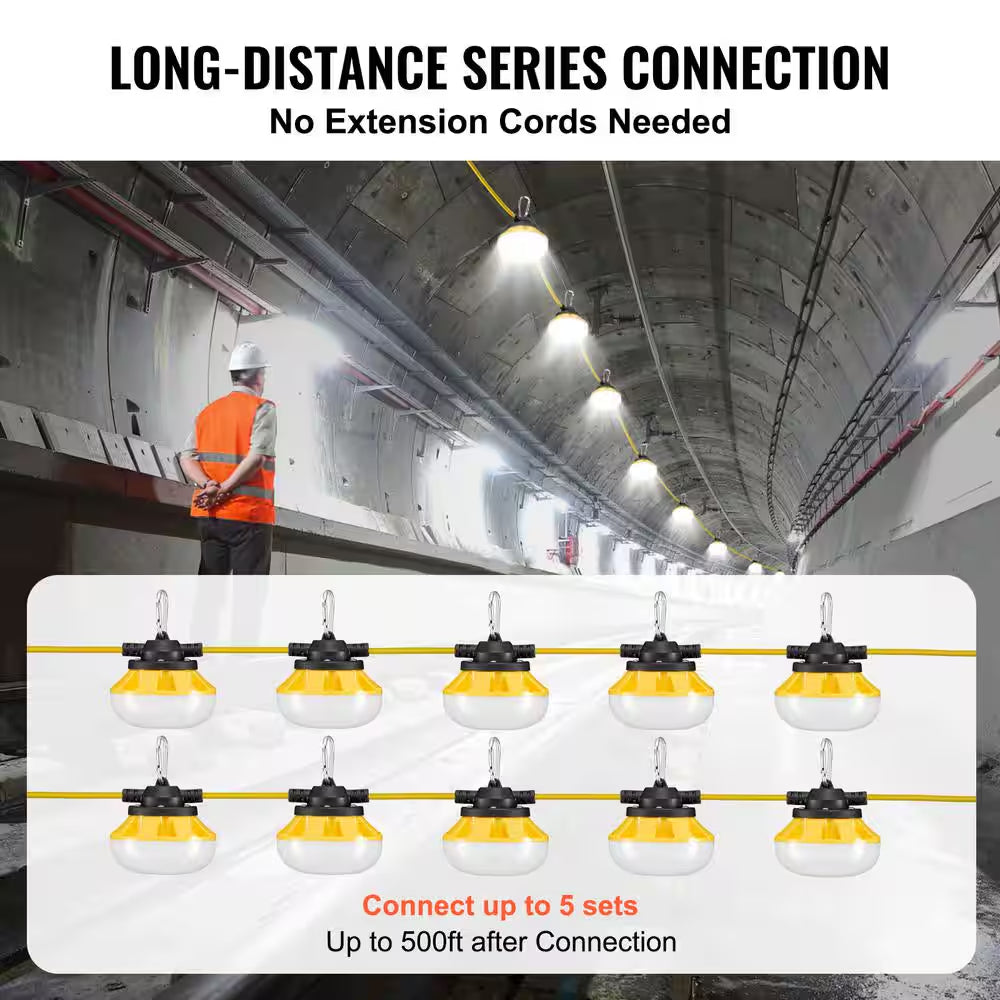 100 Ft. Construction String Lights 100W 10000LM 10Pcs String Work Light 5000K with Hanging Hooks for Construction Site