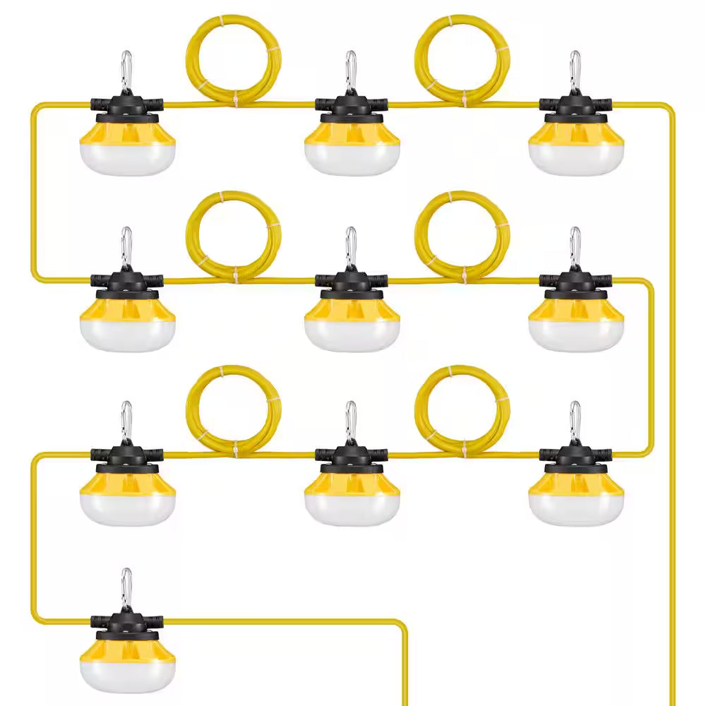 100 Ft. Construction String Lights 100W 10000LM 10Pcs String Work Light 5000K with Hanging Hooks for Construction Site